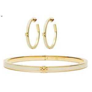 TORY BURCH WHITE AND GOLD KIRA ENAMEL BRACELET AND HOOP EARRING SET